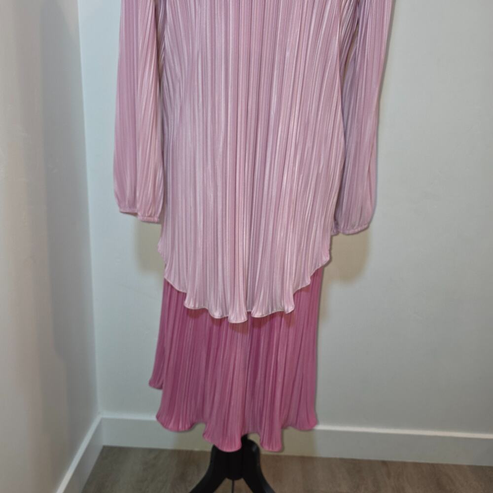 Vintage Pink Mini Accordion Pleat Overlay Dress Size L Long Sleeve Boho Modest - Picture 7 of 9